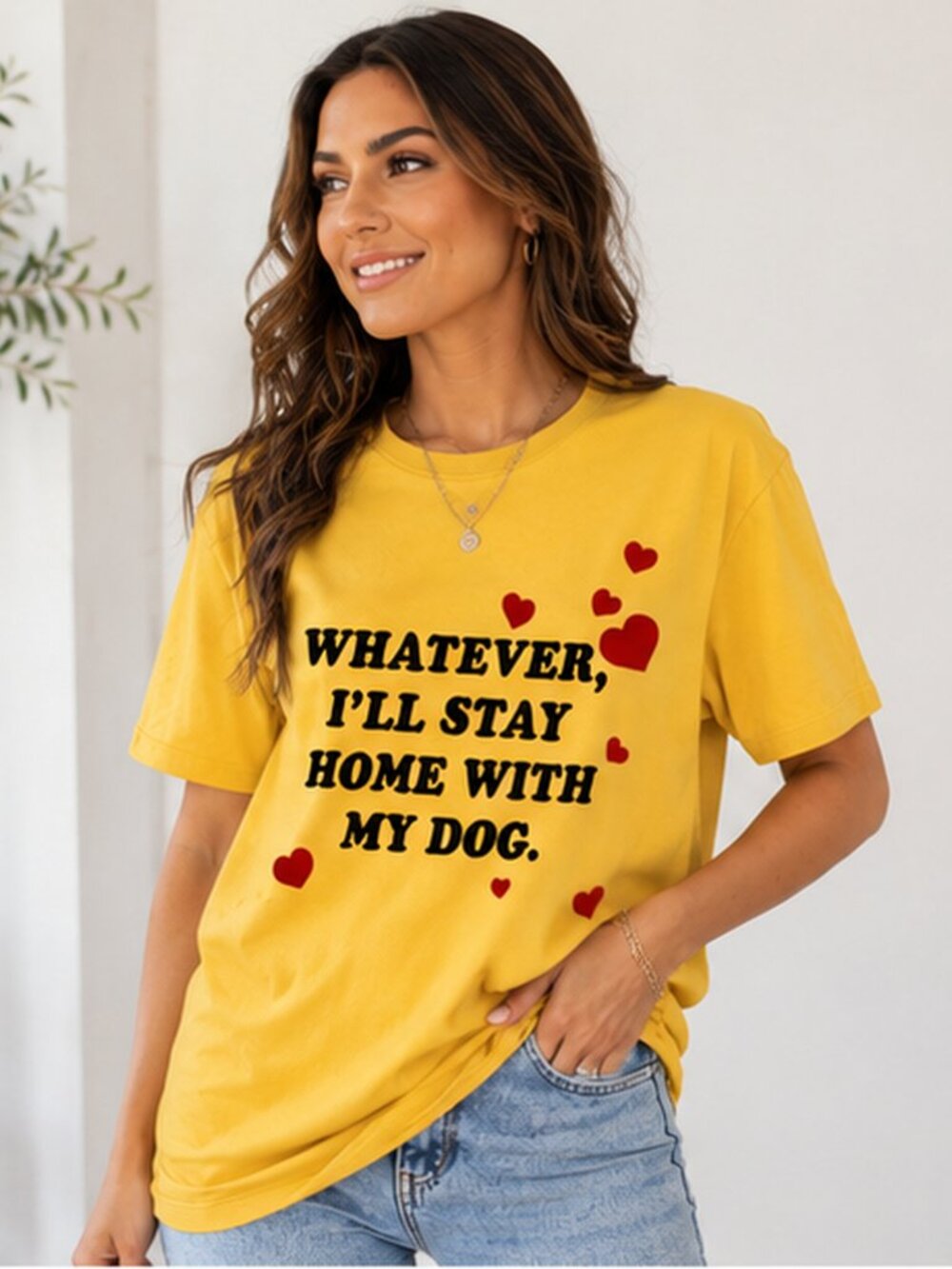 Yellow Whatever I’ll Stay Home With My Dog Graphic Tee Women’s NWT